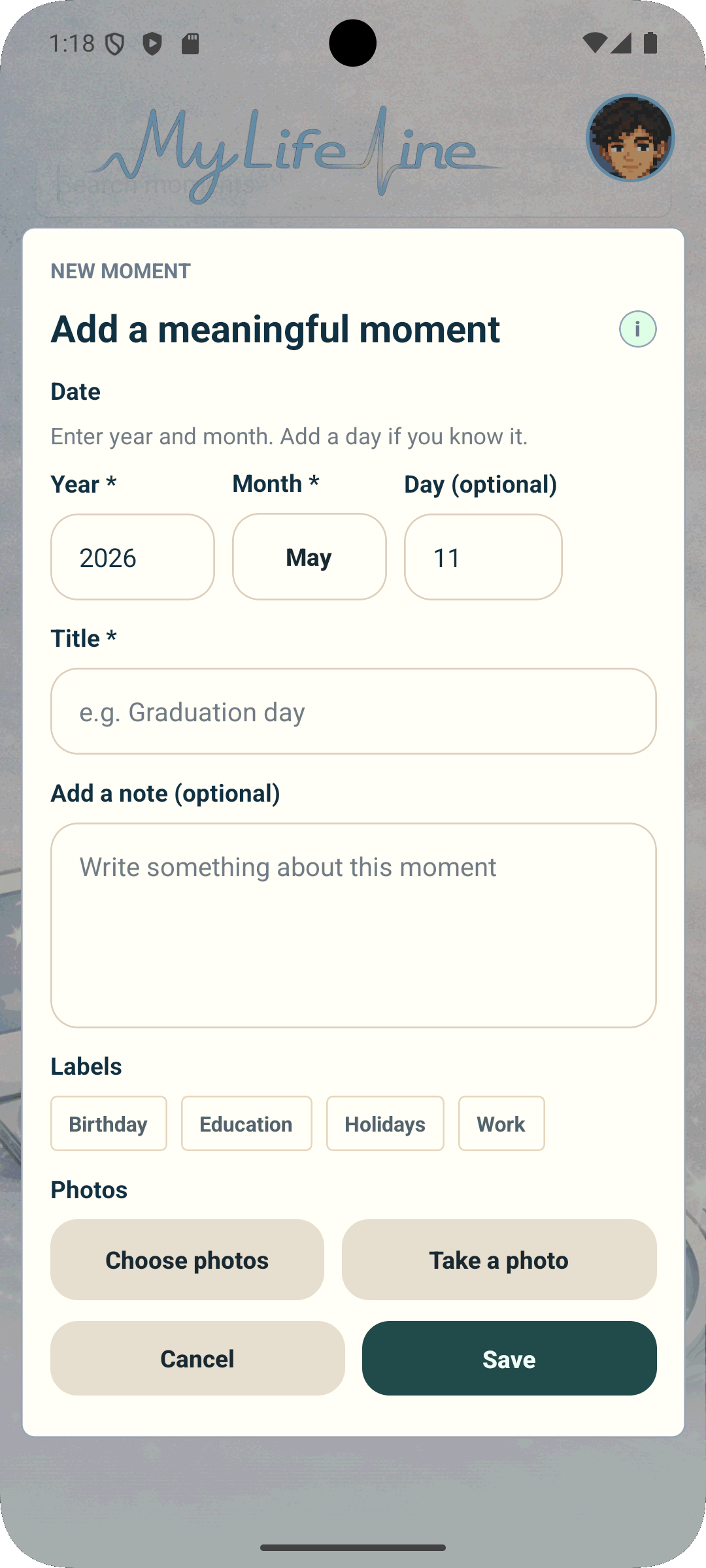 Add a key moment form in MyLifeLine