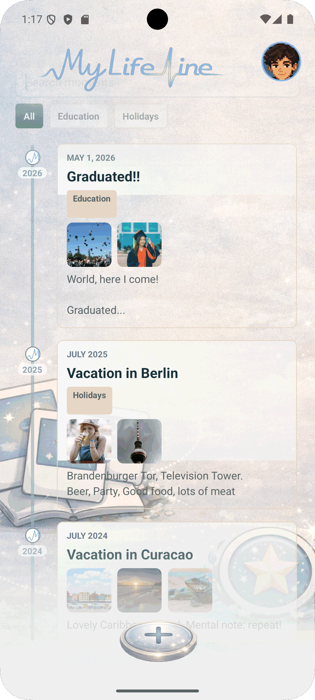 MyLifeLine timeline filled with saved moments