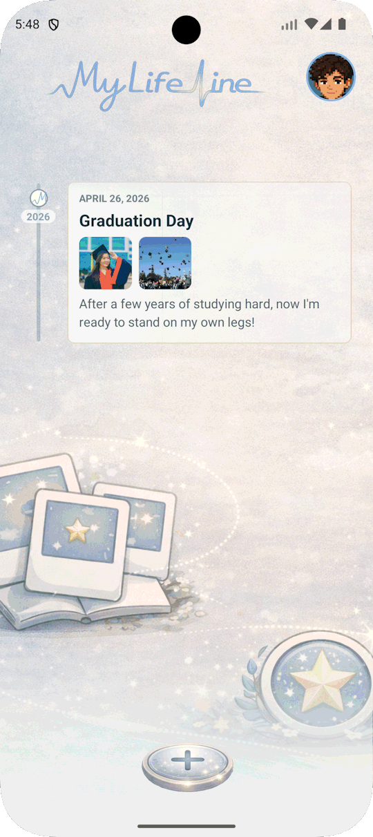 MyLifeLine timeline showing a first saved graduation moment