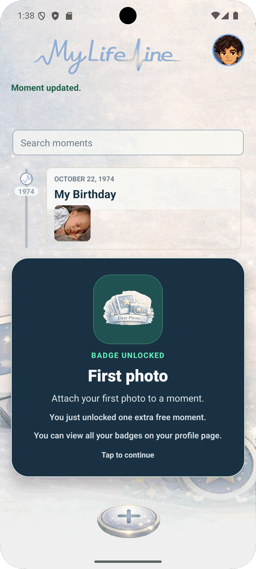First photo badge unlocked in MyLifeLine