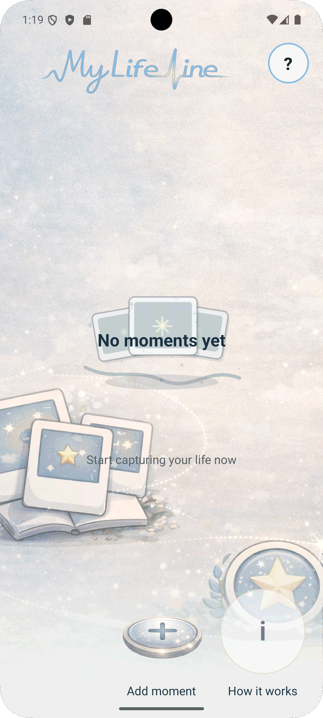 MyLifeLine start screen with the empty timeline artwork