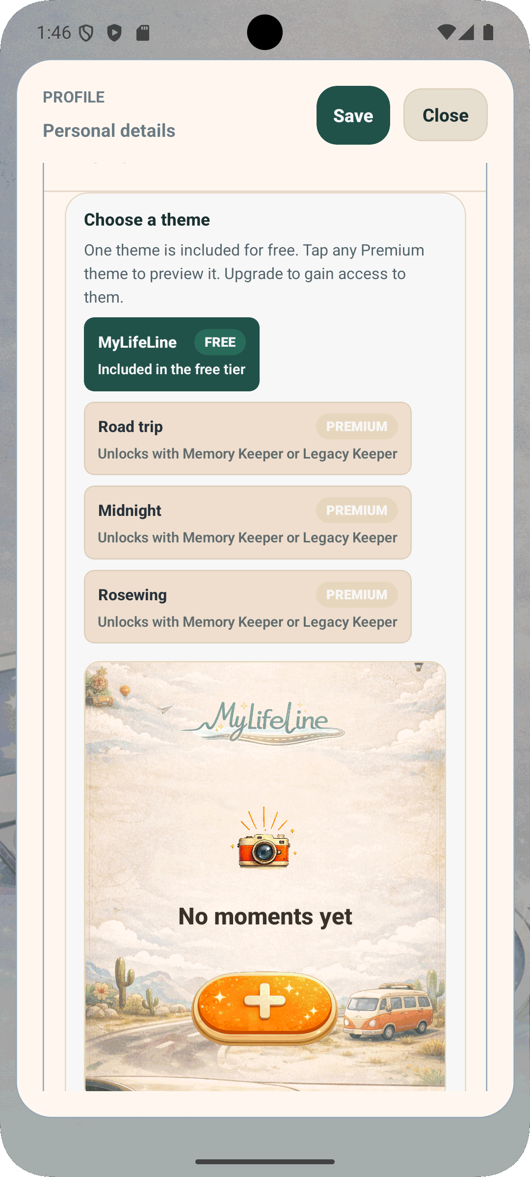 MyLifeLine theme chooser with free and premium themes